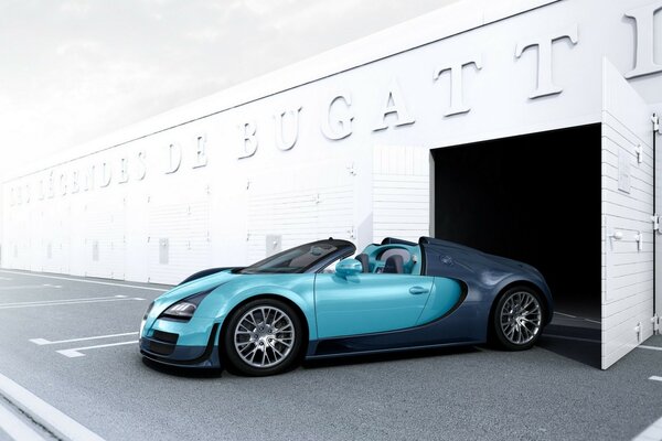 Новий синій Bugatti виїжджає з гаража