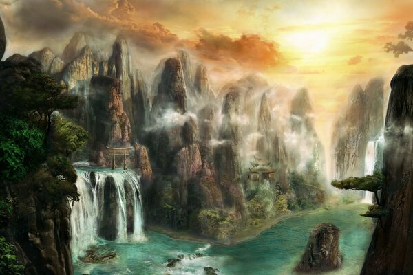 Природа джунглів з водоспадами і густою зеленню